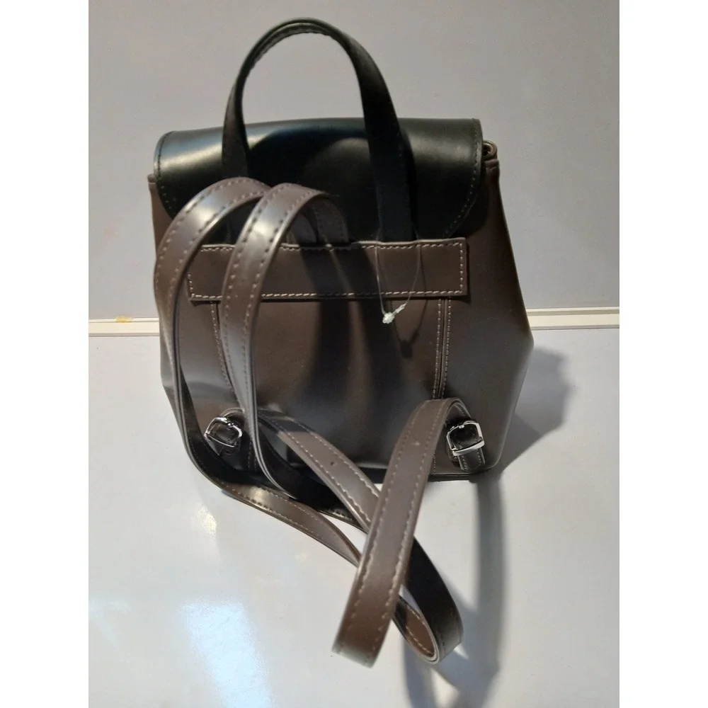 L CREDI Two Tone Leather Mini‎ Backpack Brown Black Flap Zip Pocket